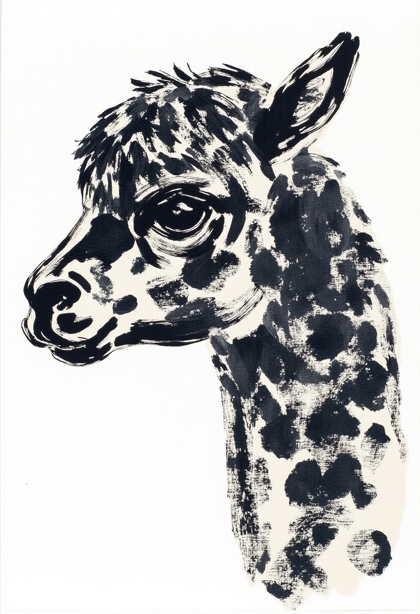 ArsMJStyle, Brushstrokes, painting of a alpaca's head. The artwork showcases the animal's face in profile, capturing its expressive and somewhat melancholic demeanor. The alpaca's fur is very detailed, fluffy and strands of hair meticulously depicted, giving a sense of depth and volume. The fur is predominantly black, creating a stark contrast against the white background. The alpaca's eyes are big, dark and soulful, gazing slightly off to the right. The overall tone of the image is somber, introspective and a bit sad. The artist's skillful use of shading and light gives the image a three-dimensional quality, making the alpaca's fur appear slightly rough, fluffy and the skin slightly wrinkled