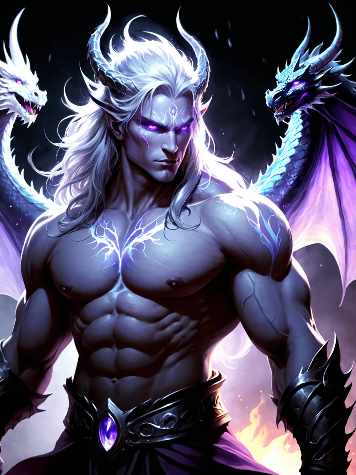 closeup, at night, dark theme, darken, cinematic,,, (Height, Tall and imposing, above average height, a warrior and king:1), (Build, Strong and muscular, a powerful physique honed through years of combat and leadership:1), (Hair, Long, silver-gold hair, worn loose or flowing, striking and ethereal appearance:1), (Eyes, Violet or lilac eyes, exuding a piercing, almost otherworldly quality:1), (Skin, Pale complexion, emphasizes his unique and otherworldly presence:1),, <lora:R0k00Gl0w1ngHD:1.1>,R0k00Gl0w1ngHD,style,(glowing_eyes, glowing, glowing_eye:1.1),, Dragon-Human aura concept art,  a dynamic and awe-inspiring concept, embodies immense power, majesty, and primal nature. Aura: based on the type of ice, alignment malevolent.  (Ice: Pale blues and whites, with frosty edges or a sparkling, crystalline effect:1). Motion & Shape: Swirling Energy: An aura that spirals or flows like a storm, showcasing raw power. Tendrils and Waves: (flames, frost, shadow). Lighting Effects: Glowing Highlights: Parts of their bodyâsuch as eyesglow with the aura's color. Dynamic Shadows: Environmental Effects: The aura influences the surroundings, such as igniting nearby objects, frosting the ground, or distorting the air. (Dragon theme, dragon motifa:0.7),