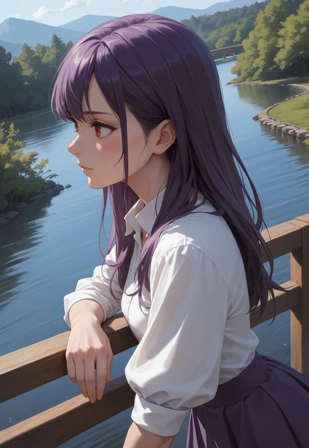 safe_pos, score_9, score_8_up, score_7_up, 26 years old,, zPDXL3, 1girl, solo, small breasts, purple hair, 
(upper body, face focus, close-up:1.1),  leaning forward, leaning onto railing, from side,
red eyes, long hair, nude, dutch angle, standing,
white blouse, purple skirt, wooden bridge, river, rolled up sleeves, blush, looking away,
