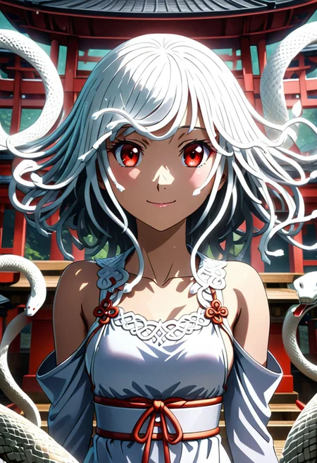 source anime, anime style, official art, "Sengoku Nadeko wrapped by a pale white snake around her, glowing under soft, eerie lighting, surrounded by detailed scales, mixed with a surreal and unsettling atmosphere, photorealistic textures." white_hair, red_eyes, medium_hair, snake_hair, WHITE DRESS, looking at viewer, beautiful smile, japanese shrine, <lora:SDXLFaeTastic2400:0.4> <lora:extremely_detailed:0.4> extremely detailed, <lora:sn4ke:1>,sn4ke, Masterpiece,best quality,hi res,8k,hi res,8k,award winning,(sharp focus, intricate, highly detailed), rating:safe