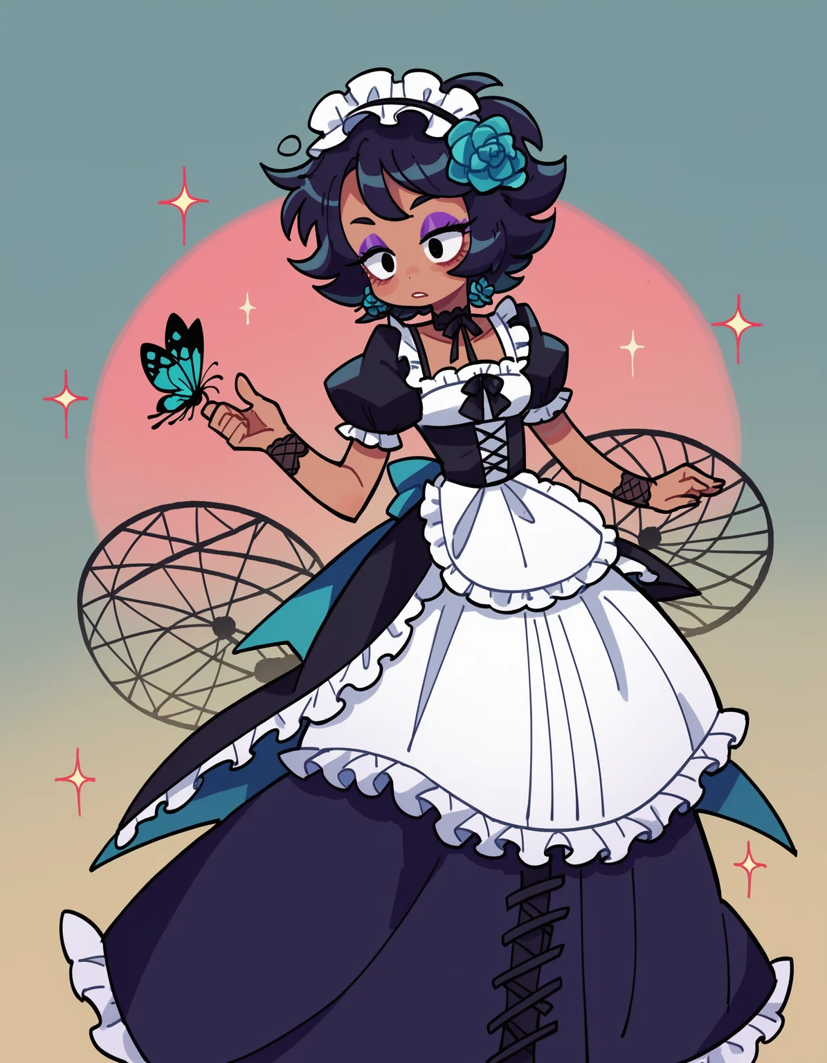 zPDXL, score_9, score_8_up, score_7_up, source_anime, 1girl, solo, absurdres, 4k, <lora:anapijama:0.8> anapijama
short hair, black eyes, messy hair, purple eyeshadow, tan, bug, beetle, black hair,
lower eyelashes, upper eyelashes, eyeliner, Gothic Frilled dress, long skirt, Headdress, bowknot, hair ornament, turquoise flower, black fishnet_pantyhose, garter straps, Lace, cross-laced footwear, frilled blouse, ribbon-trimmed sleeves, puffy sleeves, , frilled bloomers +++ Forbidden Grounds