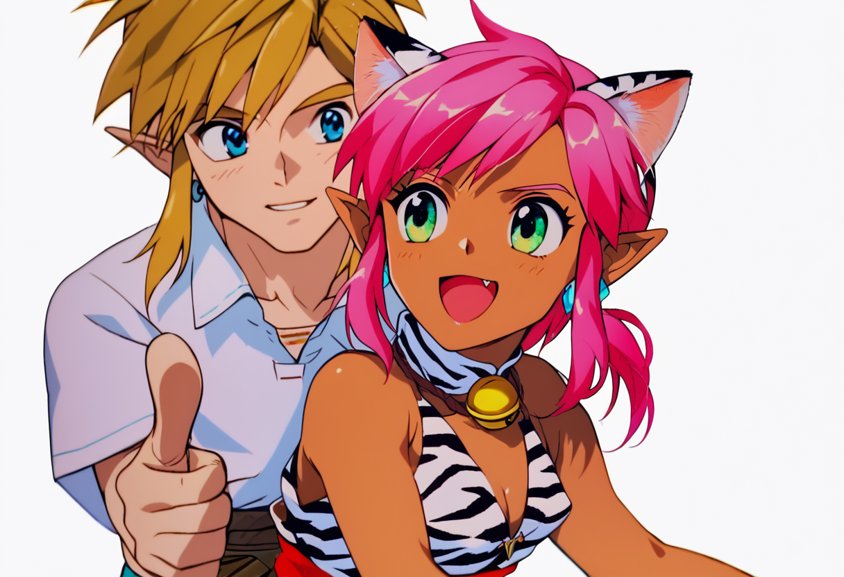 score_9, score_8_up, score_7_up, score_6_up, Masterpiece, source_anime screenshot, duo, 1 girl, 1 boy, vivid colors, full color, shiny and glossy, anime style, high-res, beautiful aesthetic, very intricate, high-quality details, vibrant, highly detailed, award-winning, professional, <lora:pink-ponyxl-v2:1>, 1 girl, single fang showing, sleeveless dress, white tiger print dress, pelvic curtain, cleavage, white cat ears, cat bell necklace, bright pink hair, tanned, white tiger tail, red sash, small breasts, leather shoes, detailed eyes, green eyes, detailed face, break, <lora:link:1> 1boy, link1, link, pointy ears, blonde hair, blue eyes, medium hair, side locks, earrings, short ponytail, blue hylian tunic, break, pink and link turning away from viewer, looking away from viewer, pointing and laughing at something behind them, mocking laughter, blank white background, zoom out, pink and link backs to the viewer