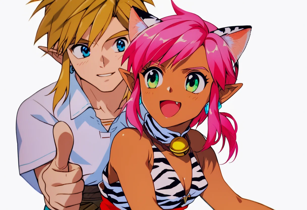 score_9, score_8_up, score_7_up, score_6_up, Masterpiece, source_anime screenshot, duo, 1 girl, 1 boy, vivid colors, full color, shiny and glossy, anime style, high-res, beautiful aesthetic, very intricate, high-quality details, vibrant, highly detailed, award-winning, professional, <lora:pink-ponyxl-v2:1>, 1 girl, single fang showing, sleeveless dress, white tiger print dress, pelvic curtain, cleavage, white cat ears, cat bell necklace, bright pink hair, tanned, white tiger tail, red sash, small breasts, leather shoes, detailed eyes, green eyes, detailed face, break, <lora:link:1> 1boy, link1, link, pointy ears, blonde hair, blue eyes, medium hair, side locks, earrings, short ponytail, blue hylian tunic, break, pink and link turning away from viewer, looking away from viewer, pointing and laughing at something behind them, mocking laughter, blank white background, zoom out, pink and link backs to the viewer