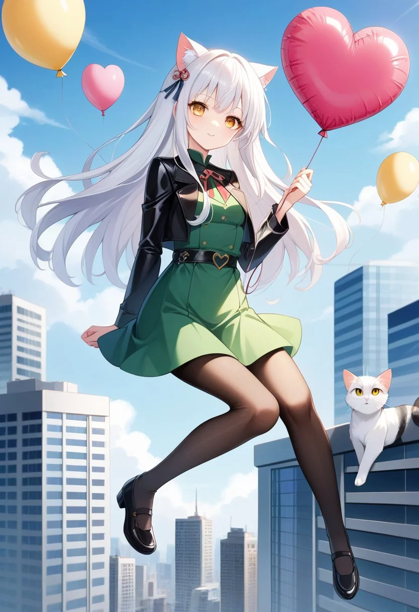 (masterpiece), (score_9, score_8_up, score_7_up,source_anime), best quality, ultra-detailed,24K, illustration, (Uncorrected), CG, 
Latex, girl and cat, holding umbrella, animal cat, cat focus,  
Multiple balloons, huge balloon, (heart-shaped ballons:1.2). 
(Girl sitting on balloons, floating, white hair, ultra-long hair, amber eyes, ultra-detailed eyes:1.2), green dress, jacket, pantyhose, leather shoes, 
in Rooftop of Skyscraper, modern city, Skyscraper,