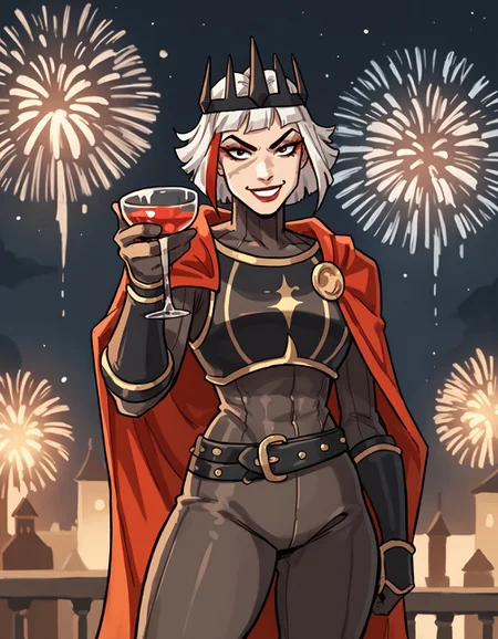 score_9, score_8_up, score_7_up, score_6_up, gtales-dh BREAK, smile, holding cup, fireworks, ulf-dh, 1girl, solo, short hair, white hair, red hair, makeup, scar, crown, armor, gloves, bracers, belt, bodysuit, cape, thick thighs  <lora:Ulfger_PDXL:0.6> <lora:Style_-_Tales_grandma_doesnt_tell_r1:0.8> <lora:holding_cup_toasting_xlpony:0.8>