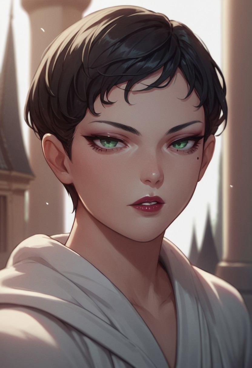 score_9, score_8_up, score_7_up, source_anime, 1girl, cowboy shot, parted lips, <lora:zs_YurikoIVXL> yurikosmtiv, black hair, short hair, lipstick, mole under eye, makeup, green eyes, white robe, hood, long sleeves, blue cowl, temple'open robe,seductive look