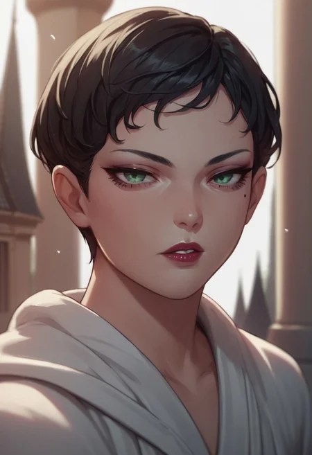 score_9, score_8_up, score_7_up, source_anime, 1girl, cowboy shot, parted lips, <lora:zs_YurikoIVXL> yurikosmtiv, black hair, short hair, lipstick, mole under eye, makeup, green eyes, white robe, hood, long sleeves, blue cowl, temple'open robe,seductive look