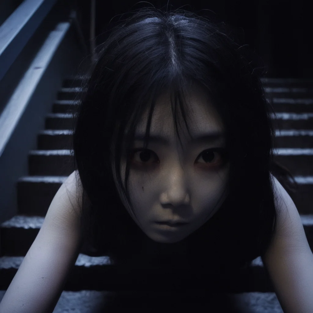 cinematic film still of <lora:Kayako Saeki Sadako Yamamura:1>
Kayako Saeki a woman is laying crawling down on the stairs at night,1girl,solo,sitting,indoors,blood,stairs,dark , pale skin, supernatural, horror film, Japanese, extreme rage, sorrow, cinematic, film, movie, movie still, Ju-On The Grudge movie style, shallow depth of field, vignette, highly detailed, high budget, bokeh, cinemascope, moody, epic, gorgeous, film grain, grainy