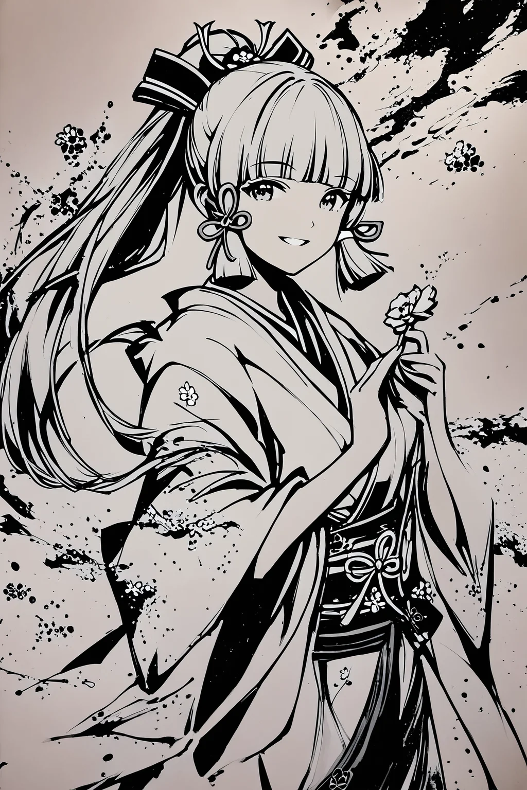 score_9,score_8_up,score_7_up,masterpiece,best quality,
ink \(medium\),monochrome,greyscale,1girl,kamisato ayaka,solo,flower,ponytail,japanese clothes,long hair,kimono,holding,smile,bangs,looking at viewer,hair ribbon,ribbon,sidelocks,blunt bangs,traditional media,
<lora:okazu_XL_PONY:1>,