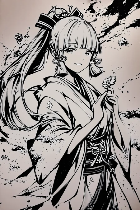 score_9,score_8_up,score_7_up,masterpiece,best quality,
ink \(medium\),monochrome,greyscale,1girl,kamisato ayaka,solo,flower,ponytail,japanese clothes,long hair,kimono,holding,smile,bangs,looking at viewer,hair ribbon,ribbon,sidelocks,blunt bangs,traditional media,
<lora:okazu_XL_PONY:1>,