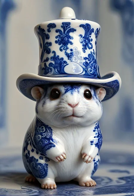 award winning photograph of a Dzungarian hamster in an adventurer's hat with slimy tentacles made of blue and white porcelain in wonderland, magical, whimsical, fantasy art concept, steampunk, intricate details, best quality, masterpiece, ultra shartp, hyper realistic, realism