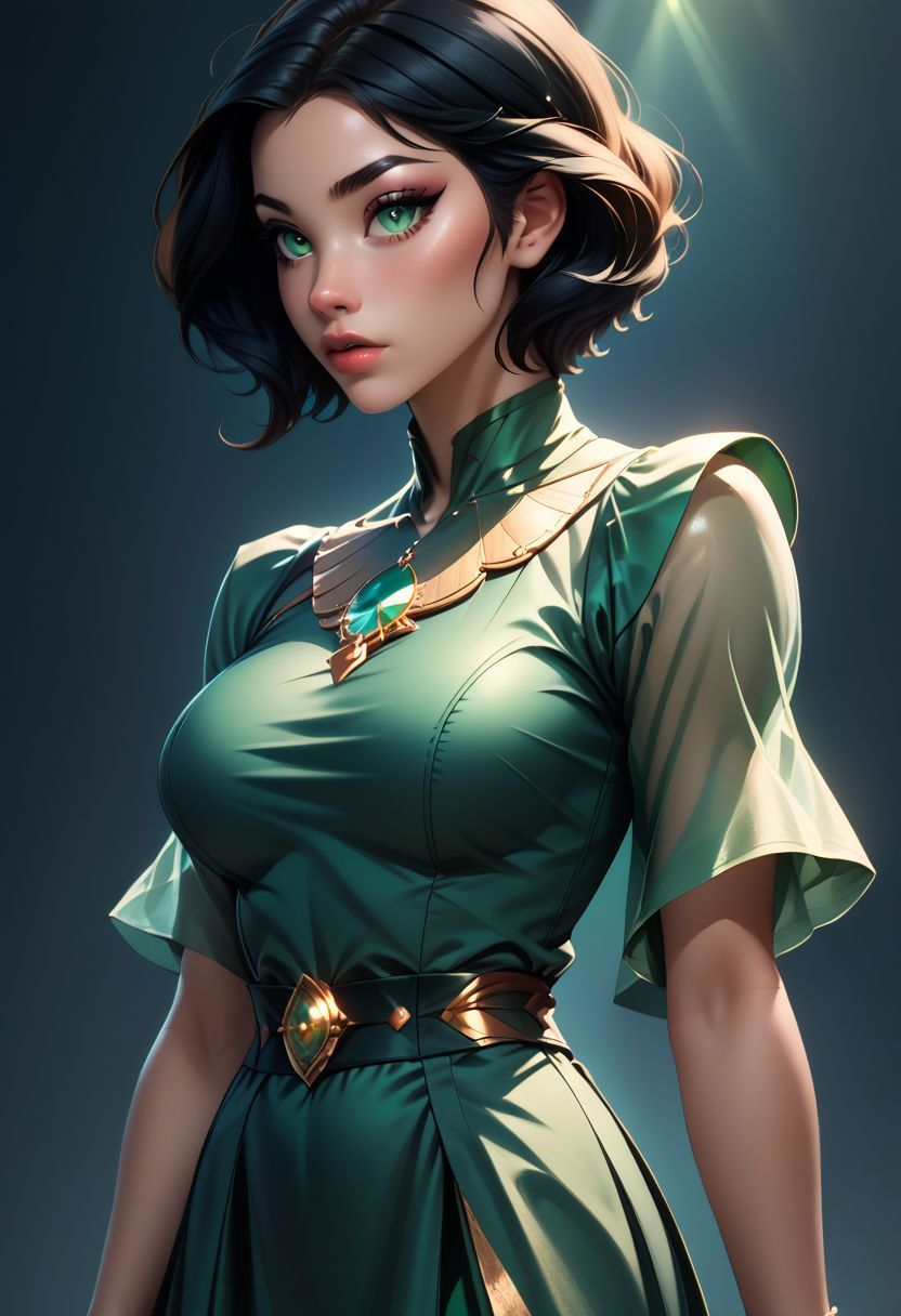 score_9, score_8_up, score_7_up, score_6_up, score_5_up, score_4_up score_9,score_8_up, digital art, upper body shot, realistic 3D illustration, 
aaOpal, green eyes, short hair, black hair, green dress,
, soft lighting, contemplative expression, dark background, subtle makeup, high-resolution, detailed texture, emotional depth, dramatic mood, side profile, serene atmosphere, cinematic lighting. perfectly round breasts, big breasts, firm breasts, SkinHairDetail, eye contact