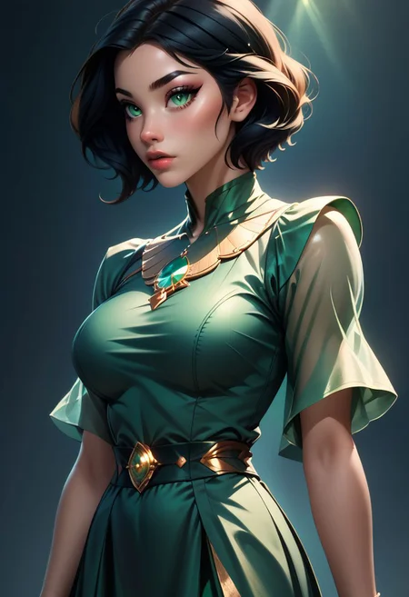 score_9, score_8_up, score_7_up, score_6_up, score_5_up, score_4_up score_9,score_8_up, digital art, upper body shot, realistic 3D illustration,
aaOpal, green eyes, short hair, black hair, green dress,
, soft lighting, contemplative expression, dark background, subtle makeup, high-resolution, detailed texture, emotional depth, dramatic mood, side profile, serene atmosphere, cinematic lighting. perfectly round breasts, big breasts, firm breasts, SkinHairDetail, eye contact