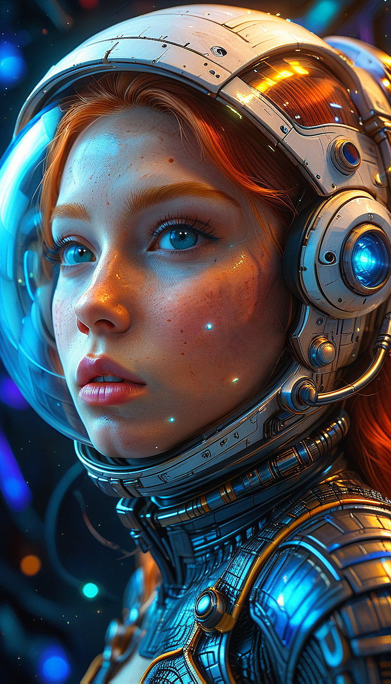 (in ARTIST style:1.4), (masterpiece:1.7), 
Close-up gorgeous ginger 1girl face, solo, wearing a space helmet, glowing blue neon, spaceship background, 
dark makeup, and is inside a spaceship. 
(masterpiece:1.8), (highest detailed:1.8), (angle:1.8), perfectly lighted, (contrast), (saturated), (((sharp focus))),
(hyperdetailed:1.3), (intricate details:1.2), (Refined details:1.3), (best quality:1.5), highly detailed textures, vibrant colors,
(ultra sharp focus:1.8), (detailed skin:1.8), (detailed :1.8), (thin lines:1.8), (best quality:1.8),
<lora:Apparatus_-_Traction_City_Walkers_Vehicles:0.8>, <lora:add-detail-xl:2> (ultra sharp focus:1.8), (detailed skin:1.8), (thin lines:1.8), (best quality:1.8), <lora:glowneon_xl_v1:0.8>