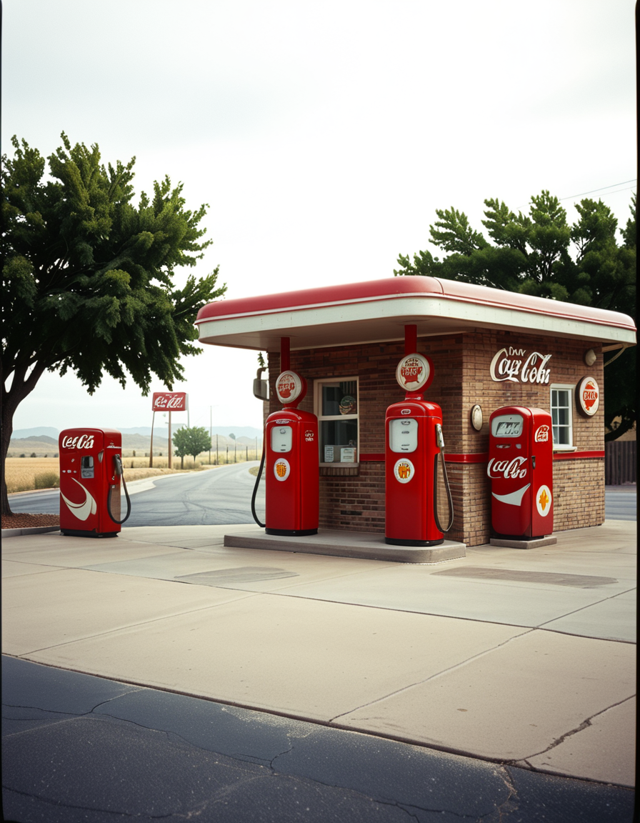 A realistic vintage photograph of a 1950s American gas station with no people present. The small brick building has a flat roof with a wide canopy extending over two classic red gas pumps from the 1950s, featuring chrome details, round meters, spiral hoses, and retro branding like "Texaco" or "Shell".The ground is old concrete with cracks and oil stains. Beside the station, there's a vintage Coca-Cola vending machine and a hand-painted wall sign that reads âDrive Safely!â. The sky is lightly overcast, casting soft shadows and a nostalgic mood. In the background, leafy trees, distant low hills, and an empty country road stretch into the distance. The photo has a slightly faded, desaturated color palette with warm vintage tones and a subtle grain, mimicking the look of 1950s Kodak film photography. The overall atmosphere is calm, quiet, and deeply nostalgic.
<lora:SDXLFaeTastic2400:0.4> <lora:extremely_detailed:0.4> extremely detailed, <lora:1950s_American_gas_st4t10n:1>,1950s American gas st4t10n, Masterpiece,best quality,hi res,8k,hi res,8k,award winning,(sharp focus, intricate, highly detailed),