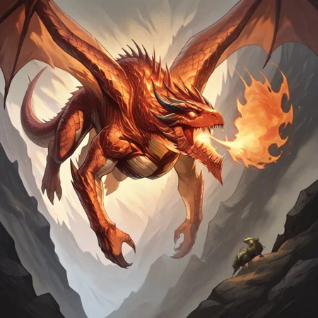 masterpiece, best quality, newest, absurdres, highres, TTCSV1.0, WDIV1.0, western dragon, dragon, monster, no humans, wings, scales, GOTPV1.0, flying, breathing fire, fire,