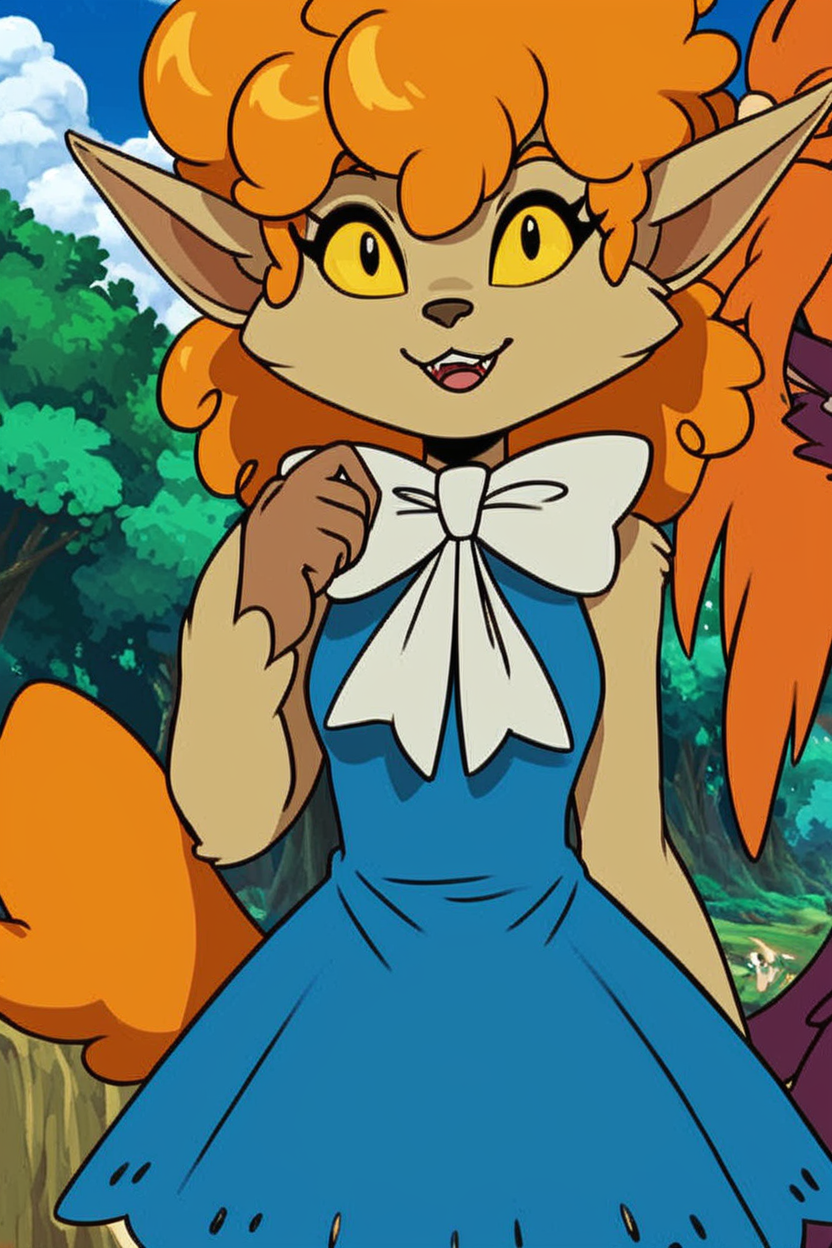 score_9, score_8_up, score_8, medium breasts, (curvy), cute, eyelashes,       BREAK, ,  ,,, <lora:WinnieWerewolf_PDXL:0.8>, zzWinnie, orange hair, pointy ears, 1girl, yellow sclera, yellow eyes, colored sclera, furry, colored skin, animal ears,   dress, bow, blue dress, white bow, bowtie ,,,  , BREAK, smile, looking at viewer, cowboy shot, ,,, outdoors, sky, day, cloud, tree, blue sky, sunny,  ,,, Expressiveh, ,,, <lora:Alola_Style_PDXL:0.8>, <lora:Expressive_H-000001:0.4>,