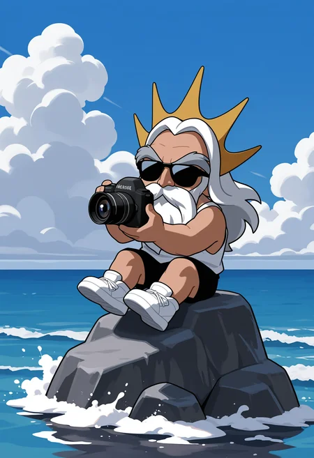 1boy, (chibi:1.5), white tank top, holding camera, sunglasses, black shorts, white footwear, sitting, blue sky, on rock, foam, ocean, cloudy sky, solo,
BREAK
<lora:King_Triton_from_The_Little_Mermaid_v1.0:1> gold crown,
kingtriton, old man, white hair, long hair, long beard, long mustache, thick mustache, grey eyebrows, thick eyebrows, long eyebrows,
BREAK
very awa, masterpiece, best quality, absurdres, newest, perfect quality, detailed background, intricate details,