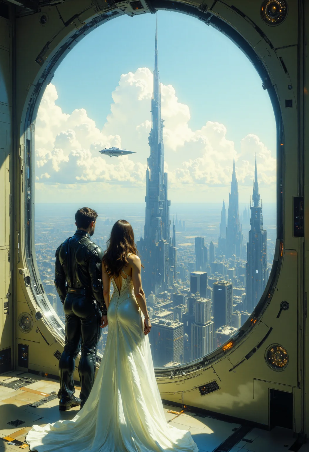 highest details, ultra hyper realism. highly detailed and realistic. intricate and highly professional artwork, an absolute masterpiece.
A high-quality digital painting depicts a man and woman admiring a futuristic cityscape through a large window. The woman wears a flowing white dress, and the man is in casual attire. The lighting is soft and natural, enhancing the scene's beauty.
<lora:artilands_v02_epoch_6:1>