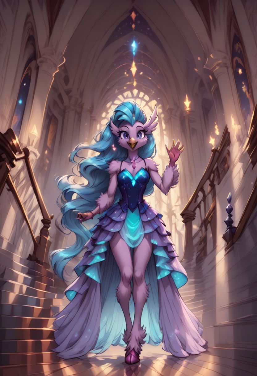 score_9, score_8_up, score_7_up, anthro,
(((Silverstar))), Hippogriff,
facing viewer, front view, female focus, view from chesthight,
g5, pony, female, mare, tail, dock, solo, 1girl, highly detailed, beautiful, detailed eyes, detailed fur, beautiful eyes, (tall), ((perfect body proportions), (beautiful long legs),
small breasts, show accurate skin colour,
long hair, fluffy hair, biggest hair,
(((walking ((down)) a grand staircase))), (((waving to viewer))), ((happy, excited, smiling at viewer invitingly)),
(((wearing a beautiful eyecoloured bioluminescent shoulderfree ballgown))), glowing ballgown,
BREAK,
highly detailed background, (((nighttime))), night
inside Canterlot castle, ballroom, ((grand staircase)), mirror marble floor, (((dimmed lights in the room))),