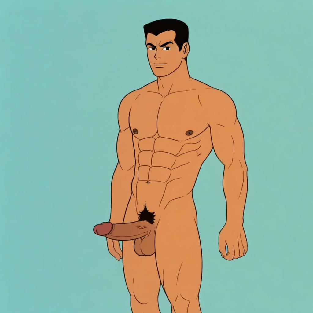 peter, 1boy, male focus, solo, black hair, black eyes,  pubic hair, completely nude, abs, penis, balls,