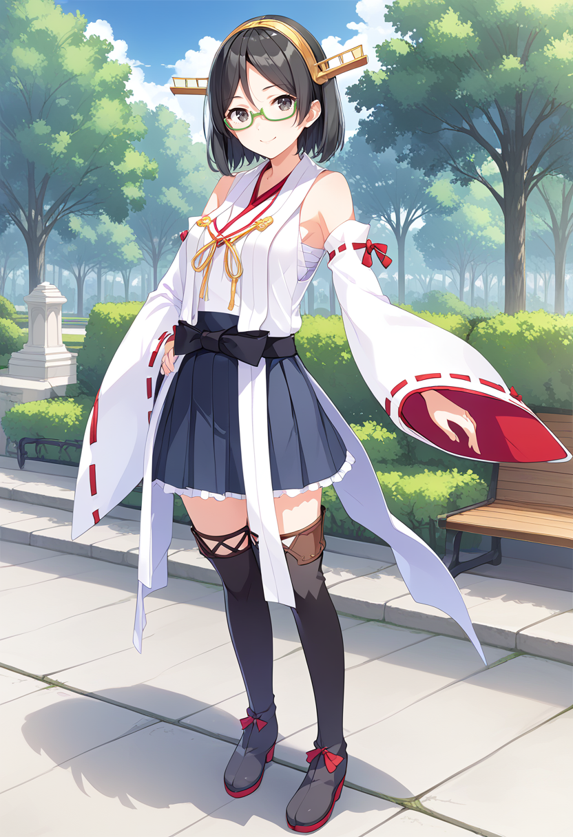 solo, standing, full body, park, 
  <lora:KC_05BB_kirishima_pony:1> kirishimakc, black_hair, short hair, glasses, green-framed eyewear, black eyes,       kirishimadefkc, nontraditional_miko, detached sleeves, wide sleeves, ribbon-trimmed sleeves, black skirt, miniskirt, black thighhighs, thighhigh boots, headgear, golden headgear,, score_9,score_8_up, score_7_up, source_anime, masterpiece, best quality,  official art, official style, game cg, megami magazine, rating_safe, rating_questionable, <lora:Fixhands_anime_bdsqlsz_V1:0.75>, NEGATIVE_HANDS