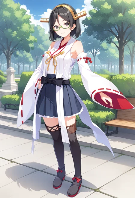 solo, standing, full body, park,
<lora:KC_05BB_kirishima_pony:1> kirishimakc, black_hair, short hair, glasses, green-framed eyewear, black eyes, kirishimadefkc, nontraditional_miko, detached sleeves, wide sleeves, ribbon-trimmed sleeves, black skirt, miniskirt, black thighhighs, thighhigh boots, headgear, golden headgear,, score_9,score_8_up, score_7_up, source_anime, masterpiece, best quality, official art, official style, game cg, megami magazine, rating_safe, rating_questionable, <lora:Fixhands_anime_bdsqlsz_V1:0.75>, NEGATIVE_HANDS