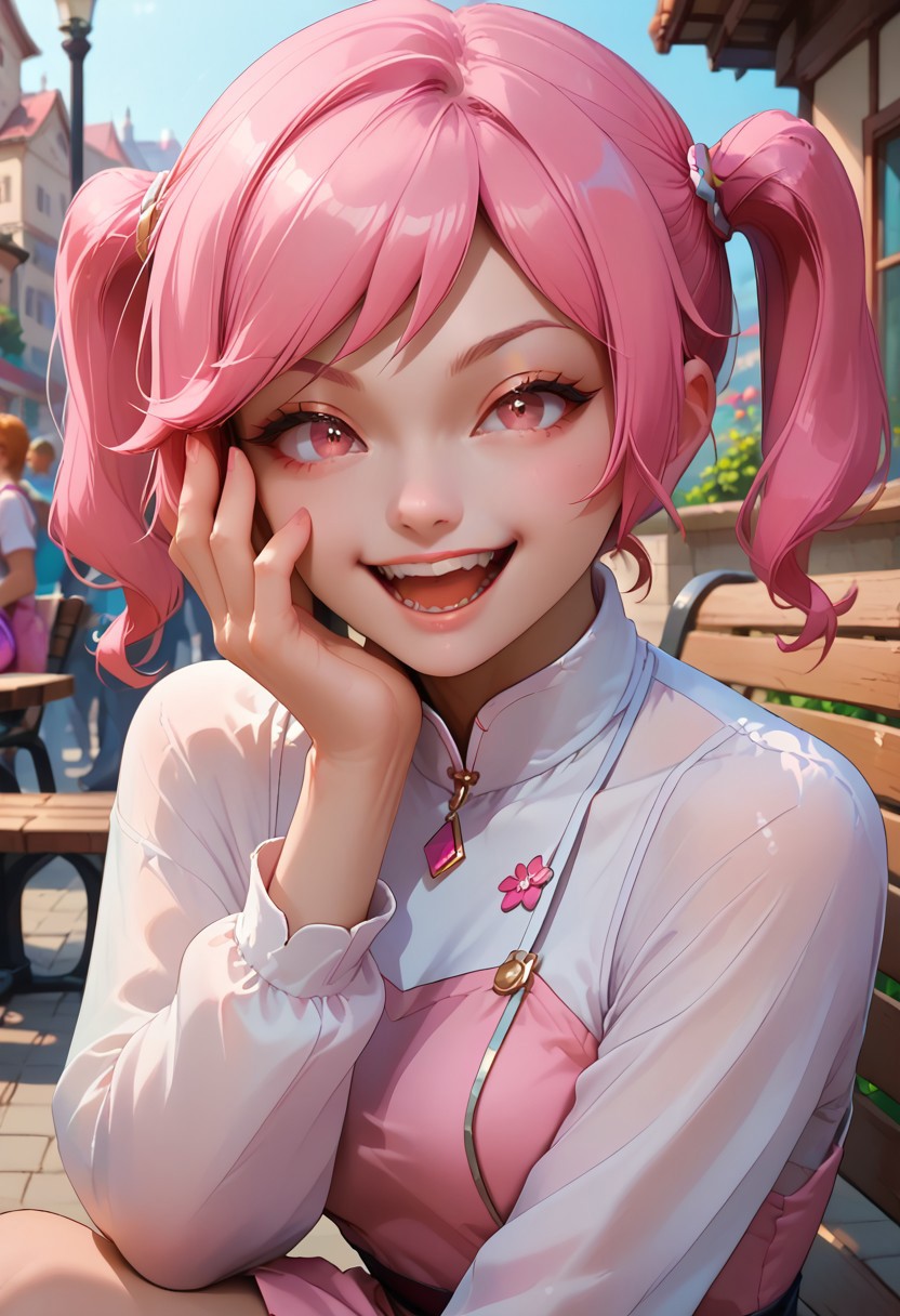 score_9, score_8_up, score_7_up, Portrait, Akiho_Rindou, pink hair, twintails, pink eyes, dress,pink bag, boots, laughing, smug, hand on face, open mouth,, courtyard, sitting on bench, ha4n1v3rs3, depth of field, dynamic angle, fashion photography, sharp, hyperdetailed:1.15, freebos_smoothiestyle
