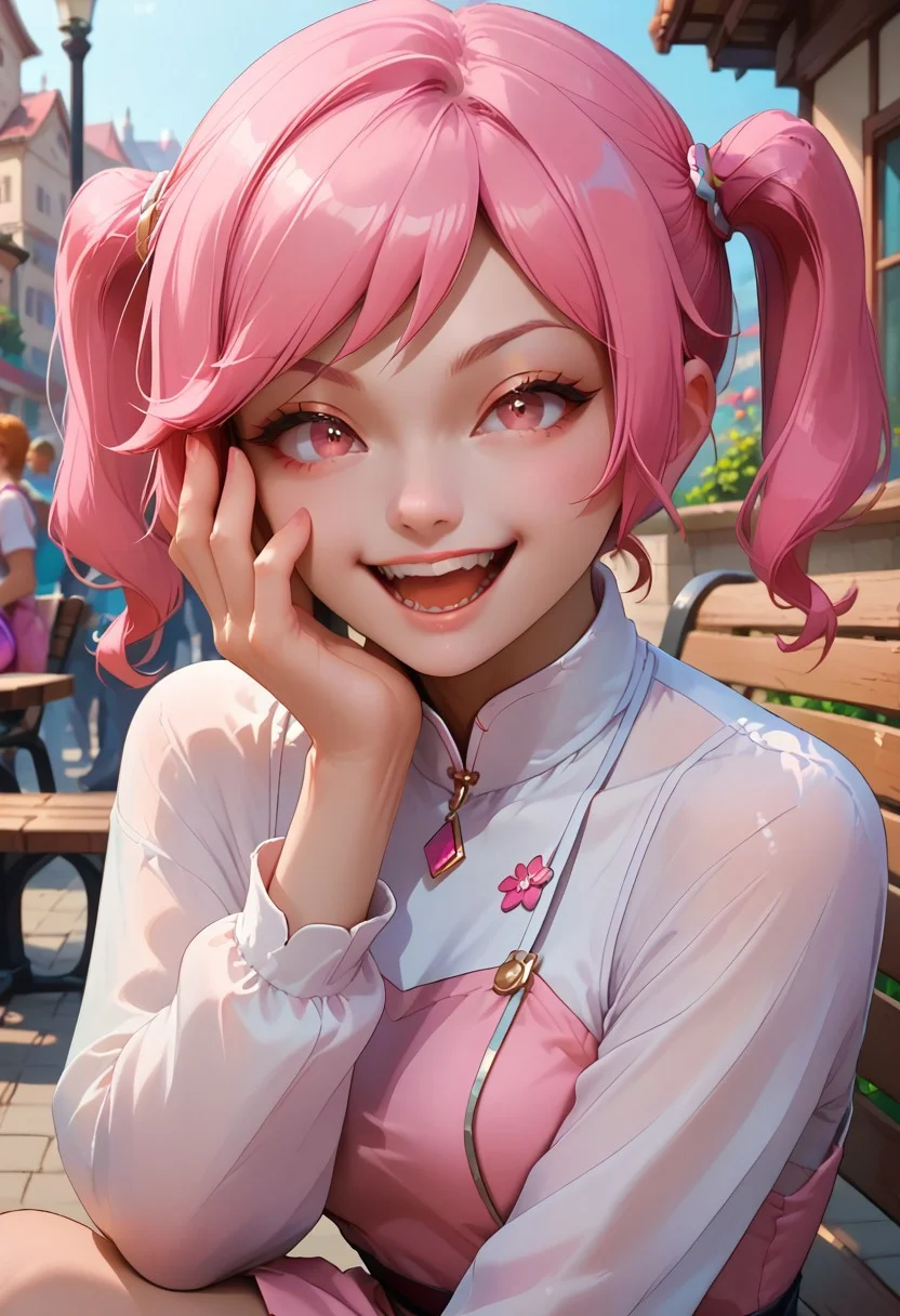 score_9, score_8_up, score_7_up, Portrait, Akiho_Rindou, pink hair, twintails, pink eyes, dress,pink bag, boots, laughing, smug, hand on face, open mouth,, courtyard, sitting on bench, ha4n1v3rs3, depth of field, dynamic angle, fashion photography, sharp, hyperdetailed:1.15, freebos_smoothiestyle