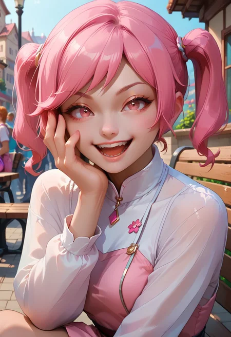 score_9, score_8_up, score_7_up, Portrait, Akiho_Rindou, pink hair, twintails, pink eyes, dress,pink bag, boots, laughing, smug, hand on face, open mouth,, courtyard, sitting on bench, ha4n1v3rs3, depth of field, dynamic angle, fashion photography, sharp, hyperdetailed:1.15, freebos_smoothiestyle
