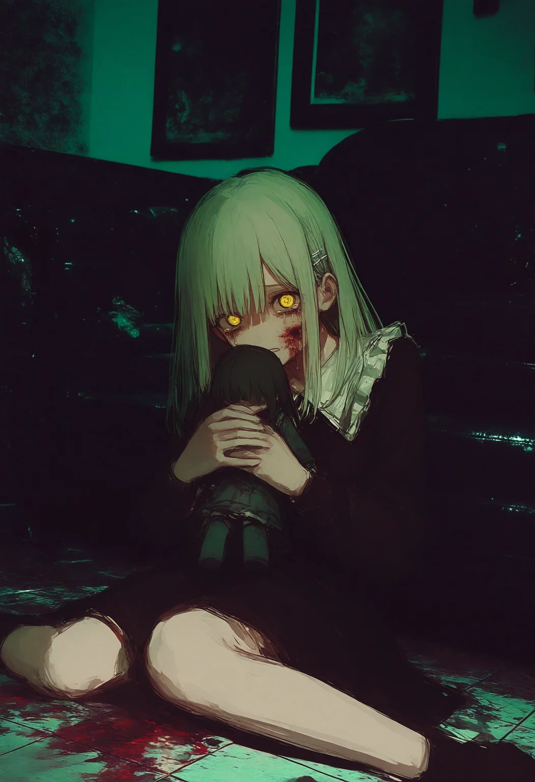 wakaba mutsumi, bang dream!, bang dream! it's mygo!!!!!, 
realistic, photo background, glitch, dark theme, hairpin, ave mujica \(bang dream!\), mortis \(bang dream!\), holding doll, crying, streaming tears, green hair, yellow eyes, sitting, blood, indoors, hair ornament, dress, tiles, black dress, horror \(theme\), dark persona, blood on face, tears, glowing, tile floor, holding, empty eyes, crying with eyes open, couch, glowing eyes, corpse, long hair, doll, long sleeves, looking at viewer, on couch,
In this eerie and atmospheric scene from the "Bang Dream!" series, a young girl with long green hair sits on a dark couch in a dimly lit room. Her eyes are filled with tears as she looks directly at the viewer, her expression one of deep sadness or despair. Behind her, another figure lies on the floor, seemingly in distress, adding to the overall sense of unease and foreboding. The artist, mr kasuy, has captured a poignant moment with a dark and moody color palette, emphasizing the emotional intensity and horror elements characteristic of the series.
masterpiece, best quality, photo-referenced
 <lora:748cm-NoobEPS100-lokr-v03-000080:1>