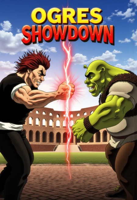 Movie poster of the movie called "Ogres Showdown" in Manga and Anime cartoon style including two characters facing off, standing agains each others. the title "Ogres Showdown" in on top of the poster.
The title "Ogres Showdown" on the top of screen is wrriten in bold, metalic, 3d font. The first character is Yujiro Hanma, muscular warrior with spiky red hair that wears a black sleveless shirt and also black pants, Yujiro stands in the left part of the poster, yujiro smiles in exaggerated expression
Again him in the right part of the poster stands Shrek, they both throw a punch and thier fist meet in the middle of the poster.
On the place where their fists connect appers red lightning auralora, they are looking intro each others eyes.
Shrek opens his mouth in angry roar.
The bacground is ancinet roman colloseum.
aidmatextimprover