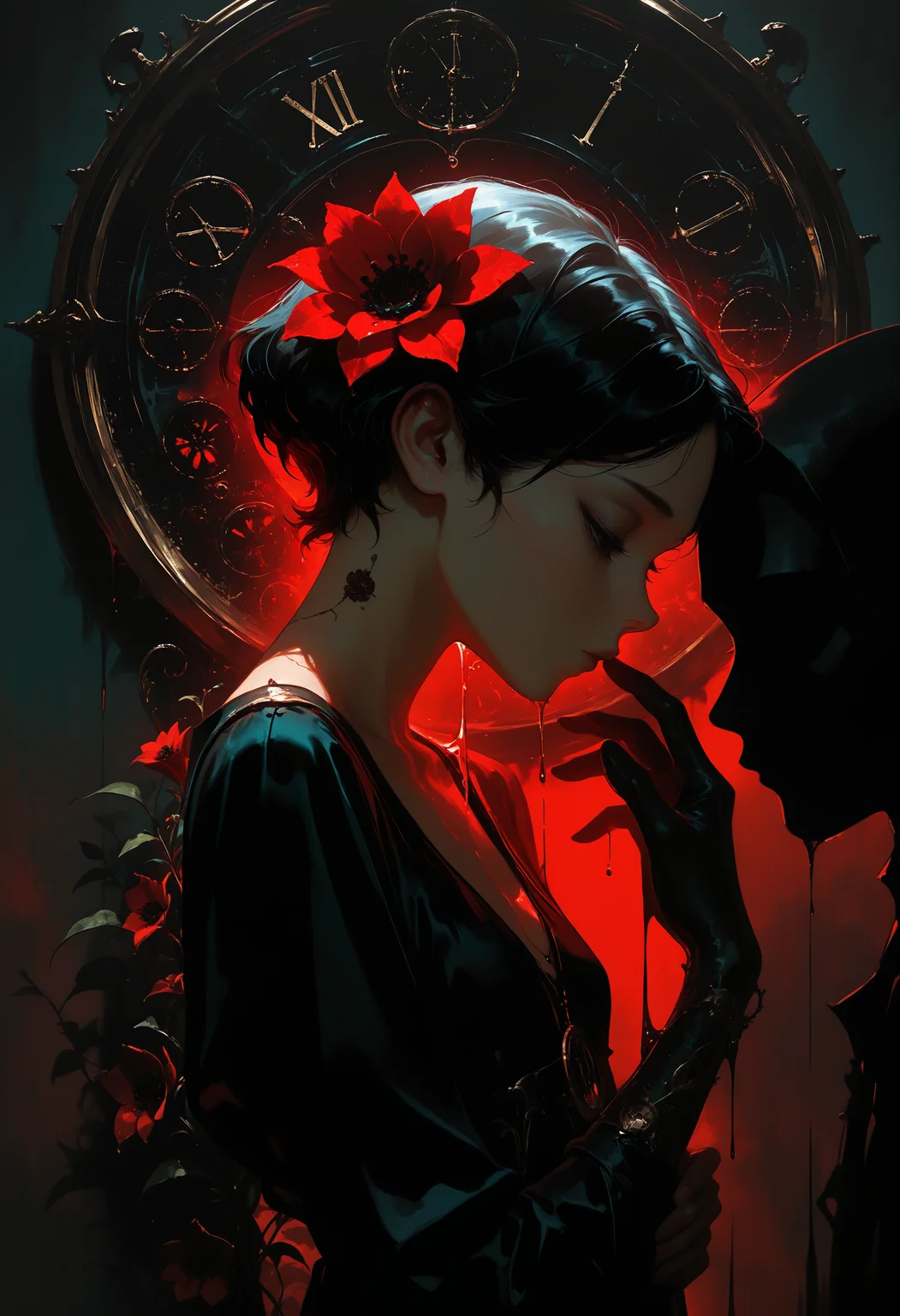 masterpiece, best quality, good quality, very awa, very aesthetic, absurdres, newest, 1girl, solo, short_hair, simple_background, upper_body, flower, from_side, profile, red_flower, 1other, androgynous, clock, silhouette, dripping, roman_numeral, scenery, volumetric lighting, opill