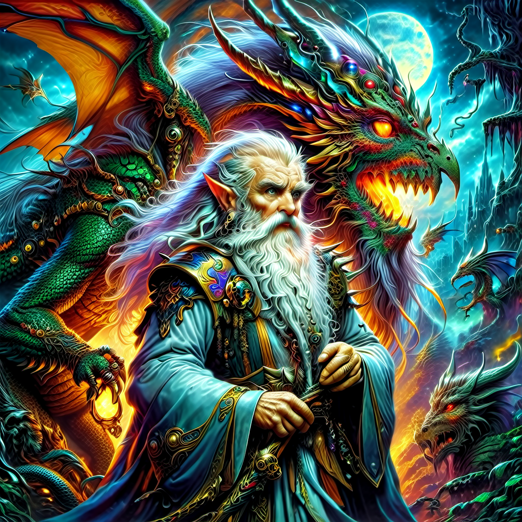 Old wizard with a long white beard with his dragon with cyberpunk enhancements., 1980s fantasy style, Masterpiece realistic, best high quality, perfect details, intricate details, nice lighting, detailed background,<lora:1980s_Fantasy_Style_SDXL:1.0>