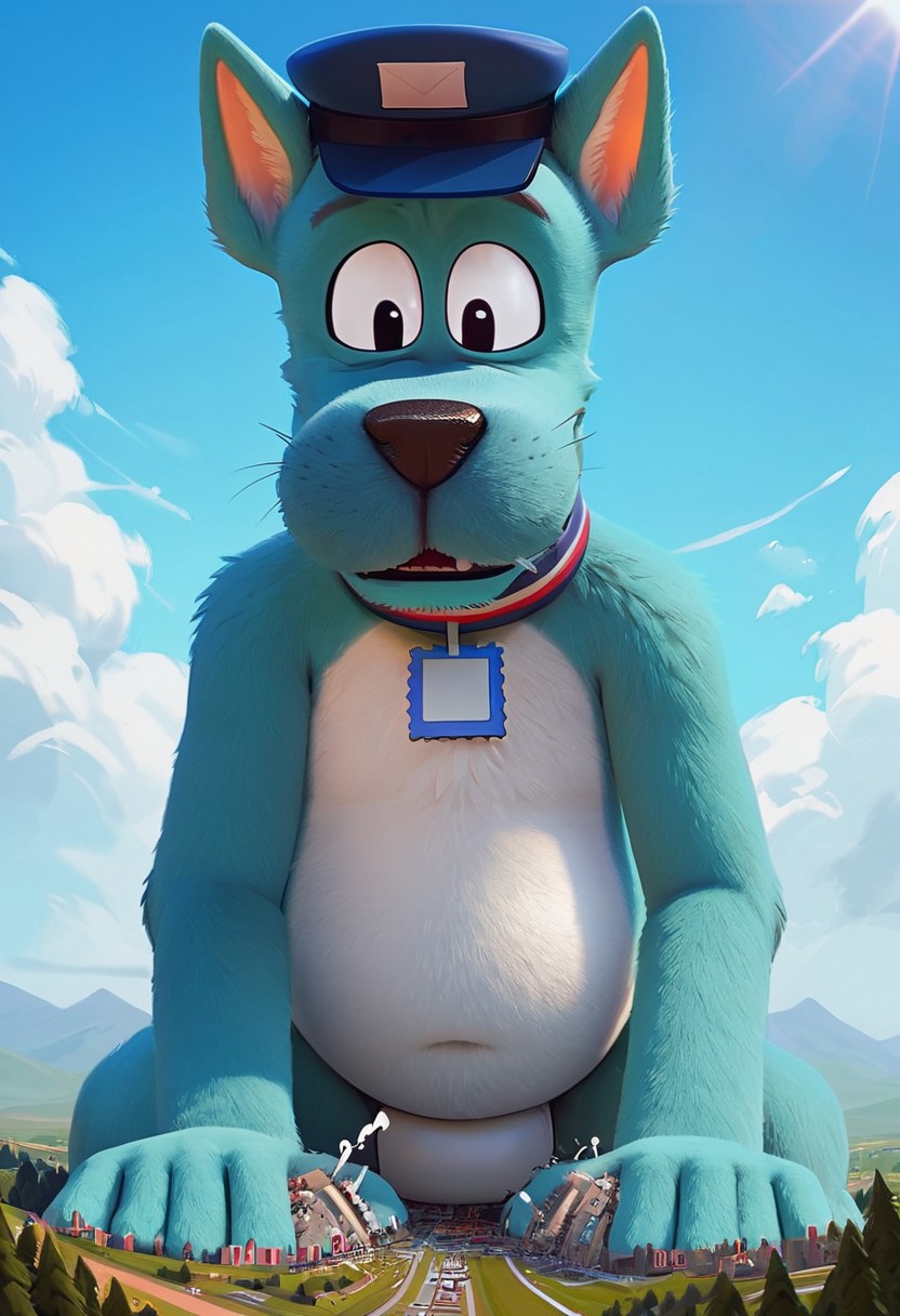 score_9, score_8_up, score_7_up, score_6_up, solo focus, 1male, larger body, (Gerald, Go Dog Go), blue post hat, (teal fur, white belly)), blue and white and red stripped collar, postal stamp shaped tag, hat with postal stamp, tail, ((anthro, anthro dog, dog body)), (black eyes), Perfect paws, 1male, (source_furry), full body, solo, anthro, detailed fur, slightly chubby, detailed eyes, low angle view, ((macro)), ((giantess)), outdoors, ((sunshine)), ((sunny day)), ((bright light)), in the city, (shrunken city :1.3), (shrunken cityscape:1.2), micro cityscape, full detailed city, destruction, mass destruction, full body, perfect face, focus on furry, shy face, (sexy perfect face), looking at viewer, sexy, highly detailed, Expressiveh, perfect eyes, big feet, landscape, orgasm face, blue sky, daytime