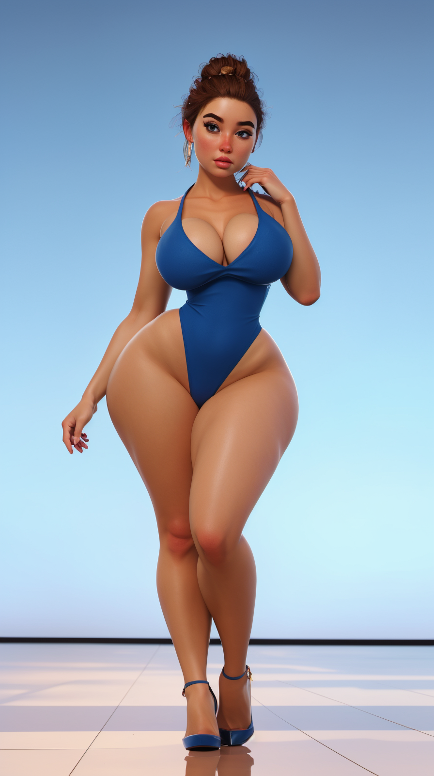 high detailed, masterpiece 1girl <lora:p3r3zstyle:0.6> character in a bikini, perfect eyes, high heel shoes, looking at viewer, full body, perfect hands, round breast, wide hips, thick thighs, updo hair, brown hair, solo, blue background, simple background, shinny floor, <lora:4p0n33D:0.8>,  kkw-ph1