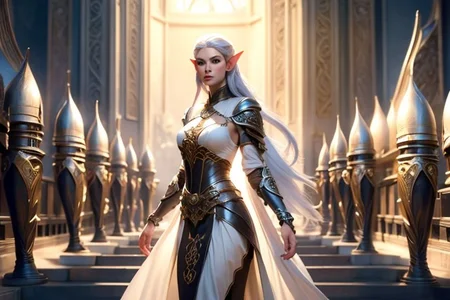 (masterpiece, best quality), a female elf warrior, standing, commanding, in front of elven army, weapons, <lora:ElvenArmor:0.7> ElAr, white dress, armor, ornate, intricate details, cinematic lighting, professional lighting, 8k ultra detailed, <lora:Numenor:0.7> Numenor, sky, background, outdoor, hyper realism