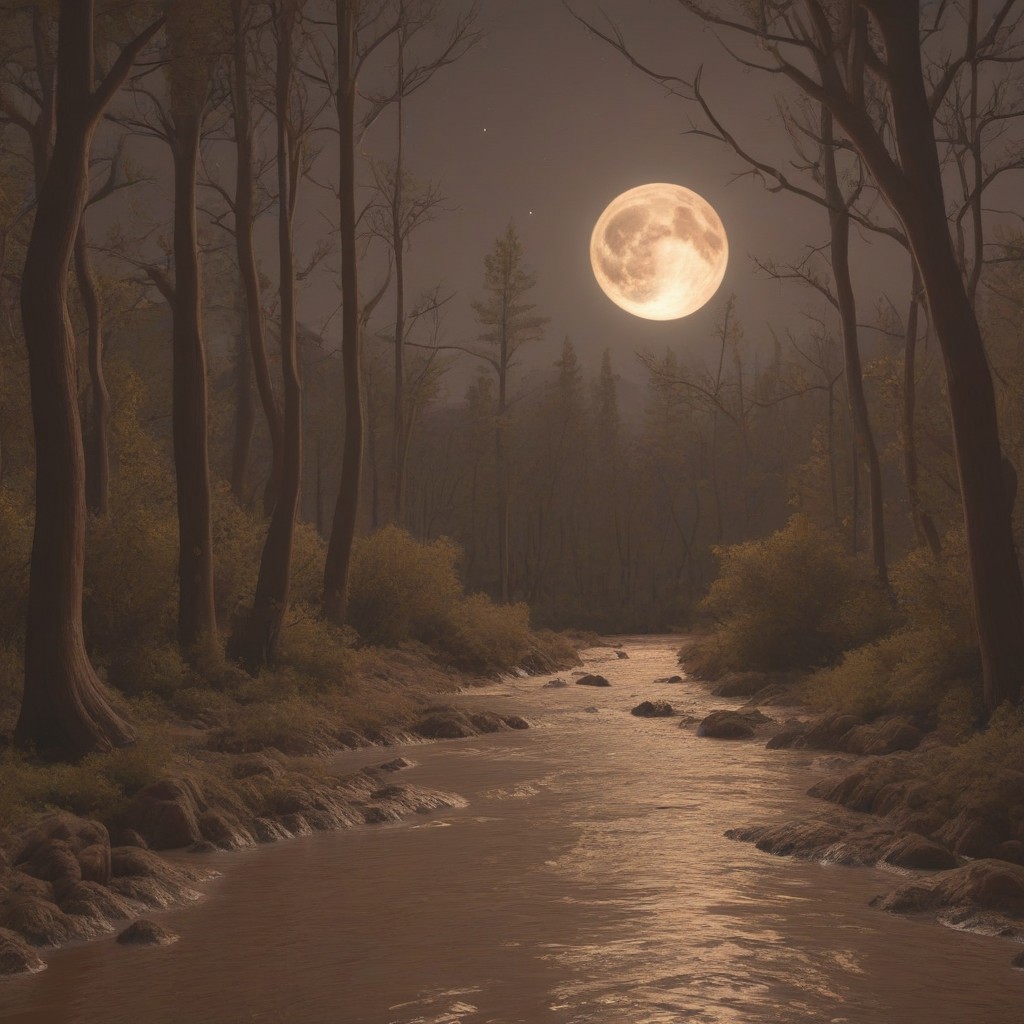chocoslime, chocolate, blender style, 4k, a big, a beautiful landscape in octor, brown trees, brown mountains, river, night sky, moon