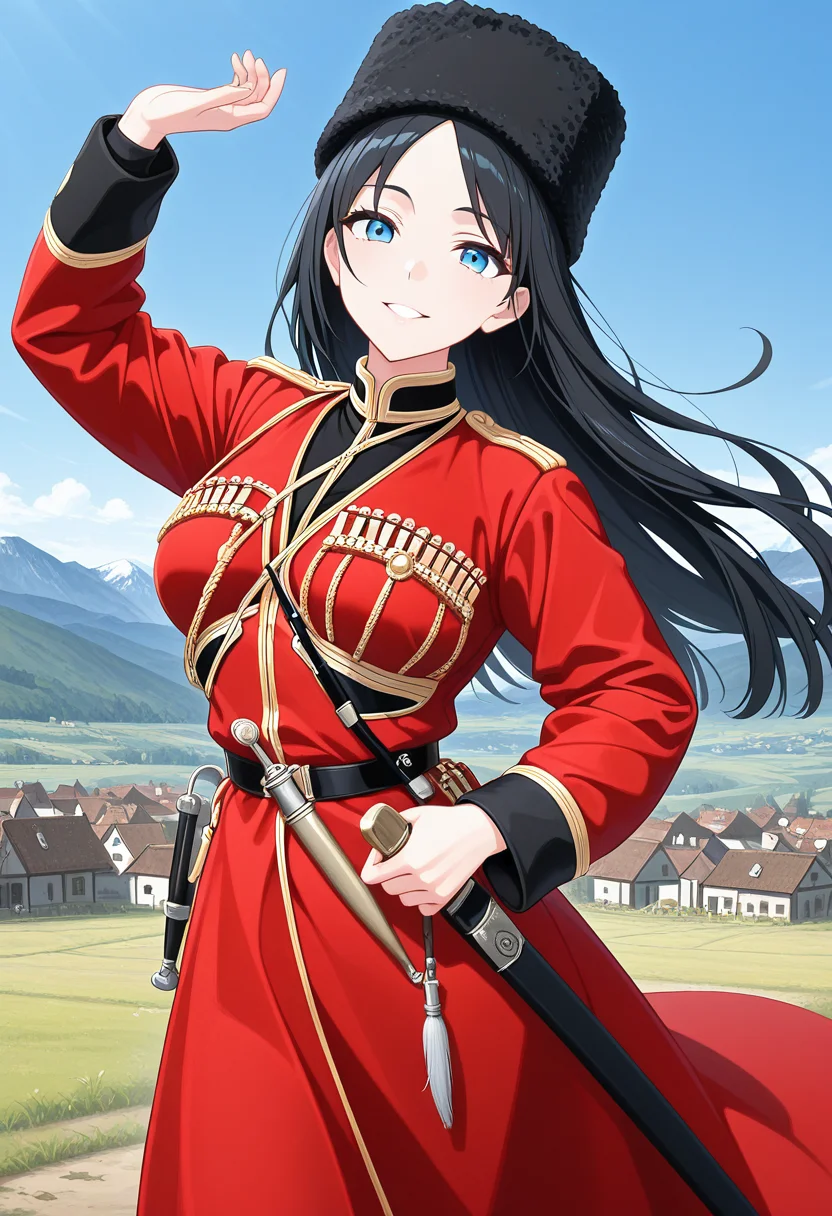 masterpiece, best quality, k4z4k, 1girl, solo, black hair, long hair, blue eyes, black fur hat, red coat, black shirt, sheath, sword, military uniform, medium breasts, blue sky, dagger, dynamic pose, looking at viewer, dancing, smile, happy, parted lips, wind, village,