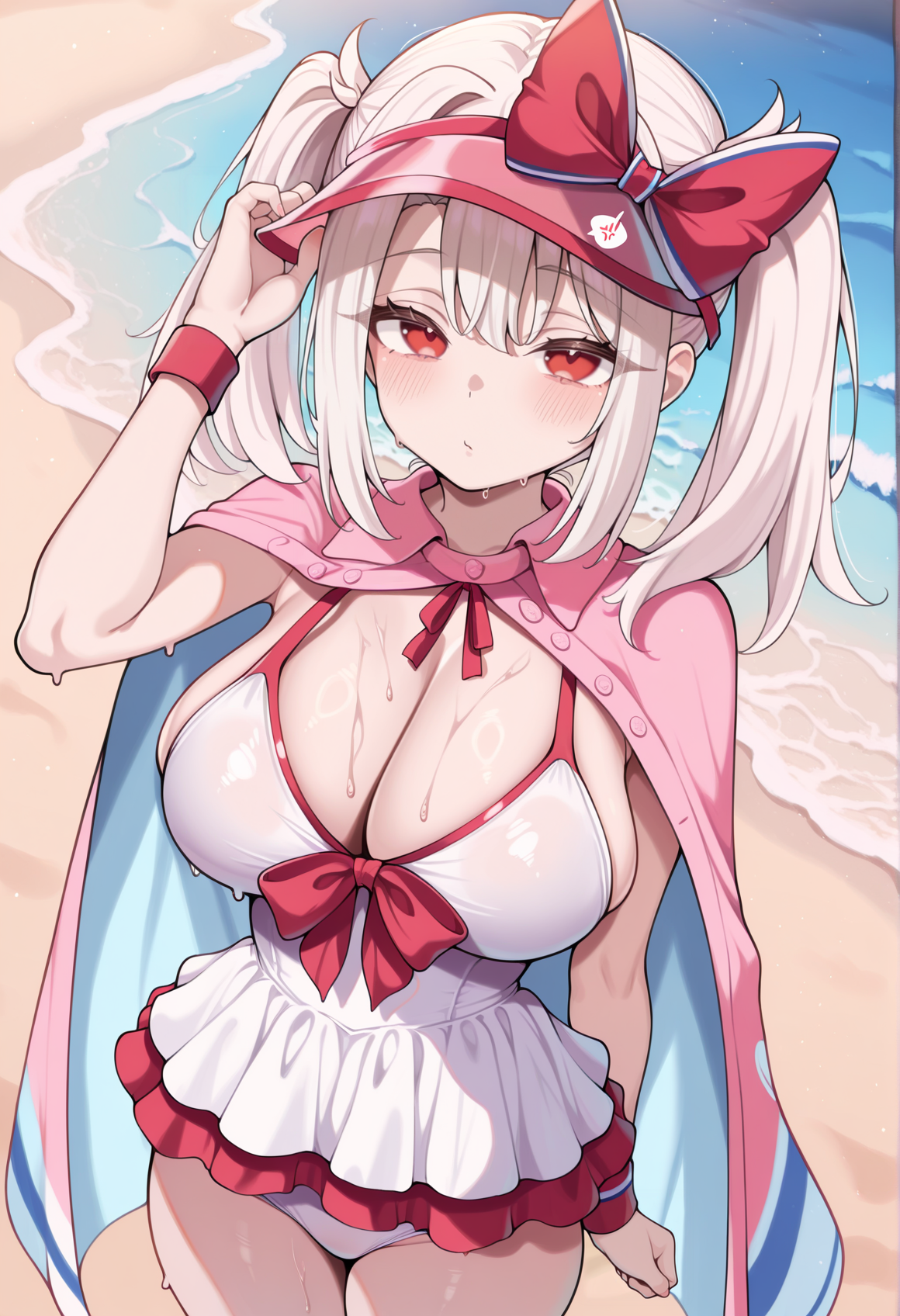 1girl, solo, white hair, red eyes, long hair,twintails, bow, dress swimsuit, visor cap, cape, wristband, hand on hair, outdoors, beach, big breasts <lora:Illya_Illus:1>, masterpiece, best quality, amazing quality, very aesthetic, absurdres, highres, newest