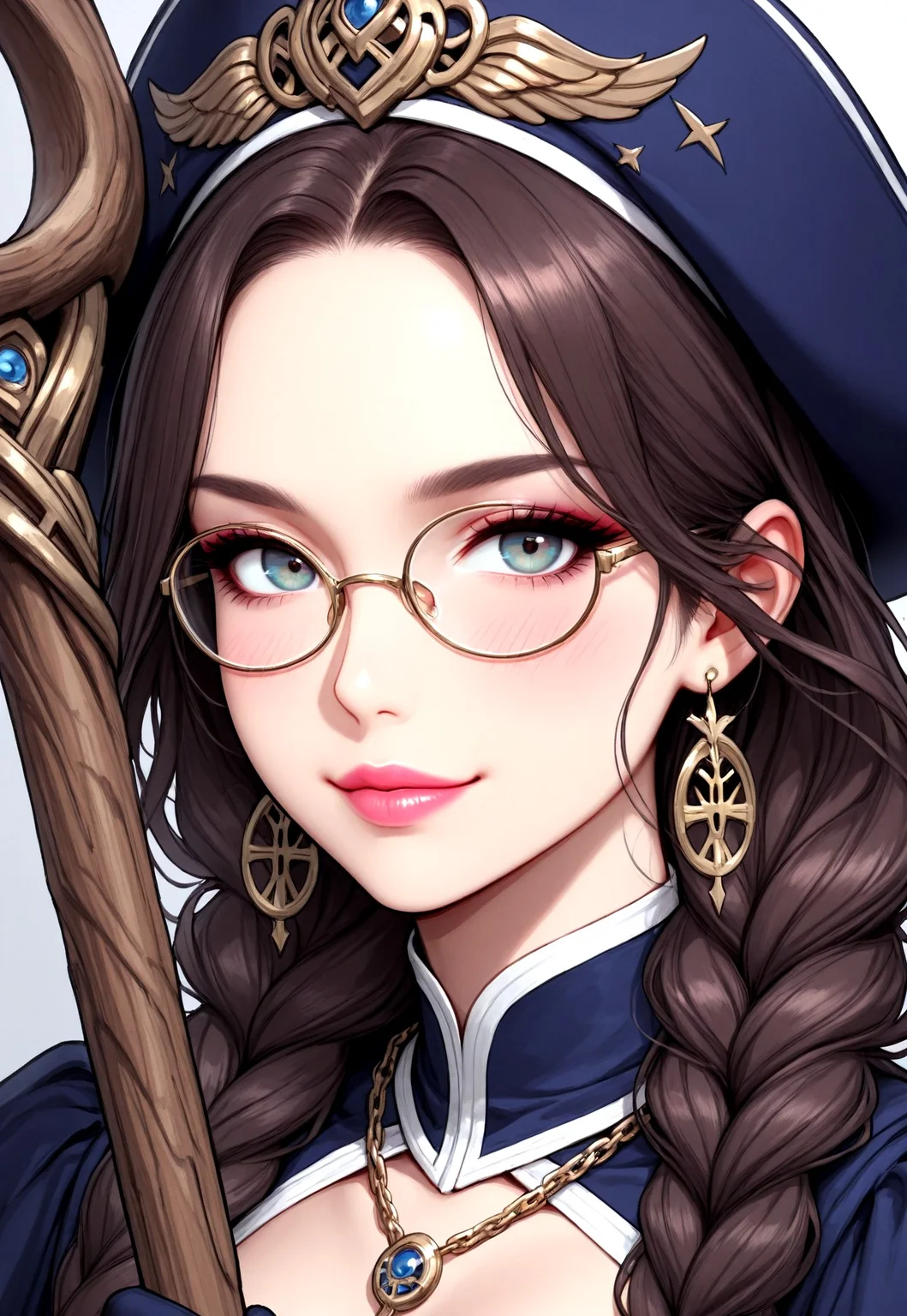 (masterpiece), (beautiful), (high detail), (gorgeous), (alluring), (high quality), (4k), (high res), (high resolution), Cute, 1girl, solo, long hair, looking at viewer, portrait, devious grin, makeup, pink lipstick, lip gloss, blush, mascara, eyelashes, eyeliner,( winged eyeliner:1.2), purple irises, Witch, victorian clothing, victorian style, ceremonial,( bangs:1.2), long hair, brown hair, braided hair, gloves, hat, fitted bodice, short skirt, pale blue skirt, (white trim on skirt:1.3), corset, dark blue cape, detached sleeves, puffy sleeves, gold wrist guards, choker with pendant, long necklace, silver chain necklace, thigh socks, cuff at top of thigh socks, high heel boots, jewellery, round glasses,( holding twisted wooden staff:1.3), gold details throughout attire
W1tchyC0ttagec0re