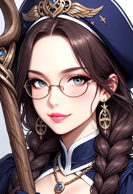 (masterpiece), (beautiful), (high detail), (gorgeous), (alluring), (high quality), (4k), (high res), (high resolution), Cute, 1girl, solo, long hair, looking at viewer, portrait, devious grin, makeup, pink lipstick, lip gloss, blush, mascara, eyelashes, eyeliner,( winged eyeliner:1.2), purple irises, Witch, victorian clothing, victorian style, ceremonial,( bangs:1.2), long hair, brown hair, braided hair, gloves, hat, fitted bodice, short skirt, pale blue skirt, (white trim on skirt:1.3), corset, dark blue cape, detached sleeves, puffy sleeves, gold wrist guards, choker with pendant, long necklace, silver chain necklace, thigh socks, cuff at top of thigh socks, high heel boots, jewellery, round glasses,( holding twisted wooden staff:1.3), gold details throughout attire
W1tchyC0ttagec0re