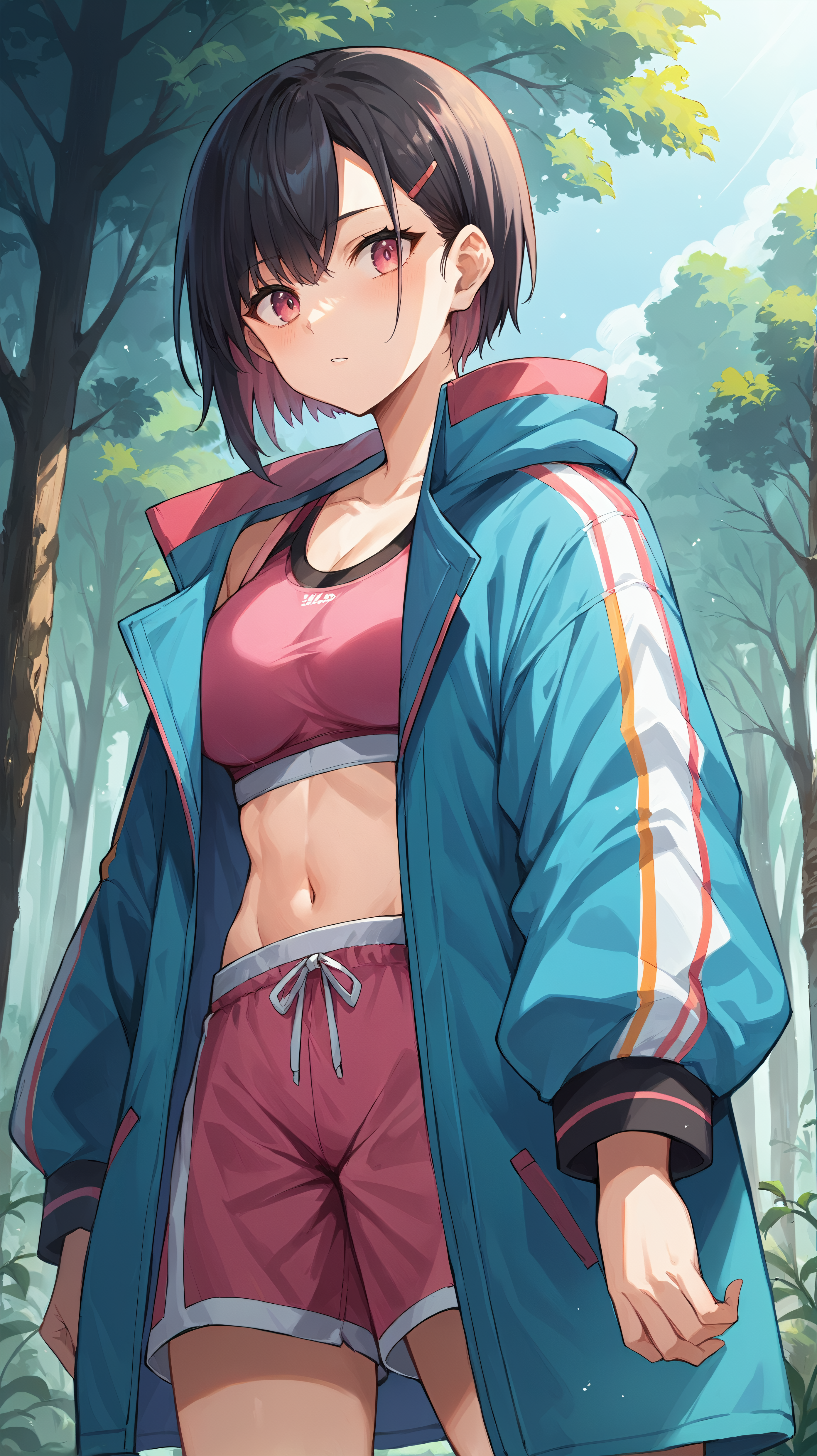 score_9,score_8_up,score_7_up,score_6_up, source_anime, zPDXL, <lora:xl_more_art-full_v1:0.5>, girl, dynamic pose,  <lora:Mikazuki Shizuka - Pony-000003:0.7>, short hair, black hair, pink eyes, pink sports bra, pink shorts, colorful blue jacket, oversized jacket, hairclip, bangs, arching her back, outdoors, forest, trees, dense vegetation, vines, forest path,