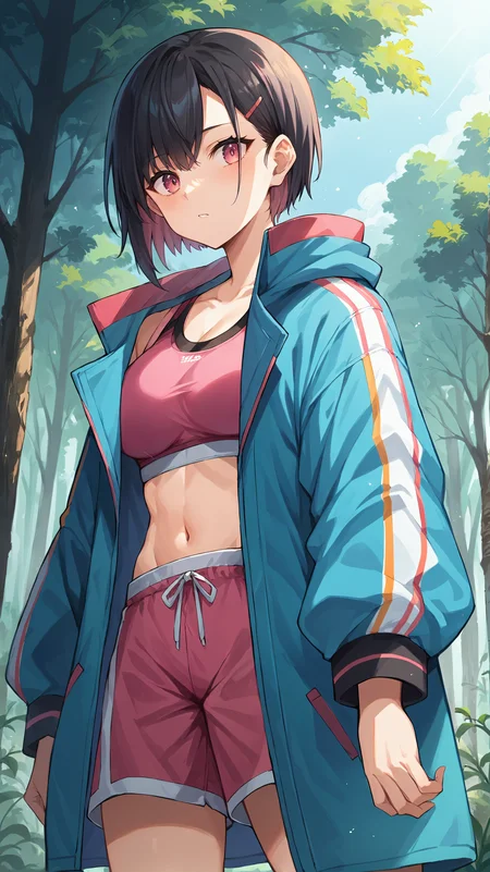 score_9,score_8_up,score_7_up,score_6_up, source_anime, zPDXL, <lora:xl_more_art-full_v1:0.5>, girl, dynamic pose, <lora:Mikazuki Shizuka - Pony-000003:0.7>, short hair, black hair, pink eyes, pink sports bra, pink shorts, colorful blue jacket, oversized jacket, hairclip, bangs, arching her back, outdoors, forest, trees, dense vegetation, vines, forest path,