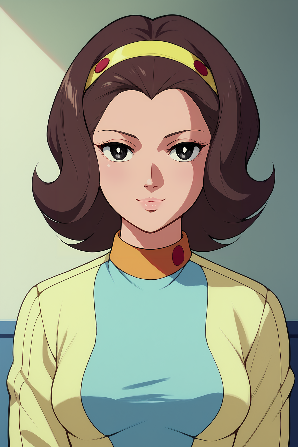 score_9, score_8_up, score_7_up, score_6_up, BREAK, MiwaUzukiKJXL, 1980s (style), black eyes, brown hair, short hair, yellow hairband, forehead, medium breasts, yellow dress, blue dress, two-tone dress, solo, front view, (portrait, upper body:1.1), solo focus, seductive smile, looking at viewer, indoors <lora:MiwaUzukiKJXL:1>