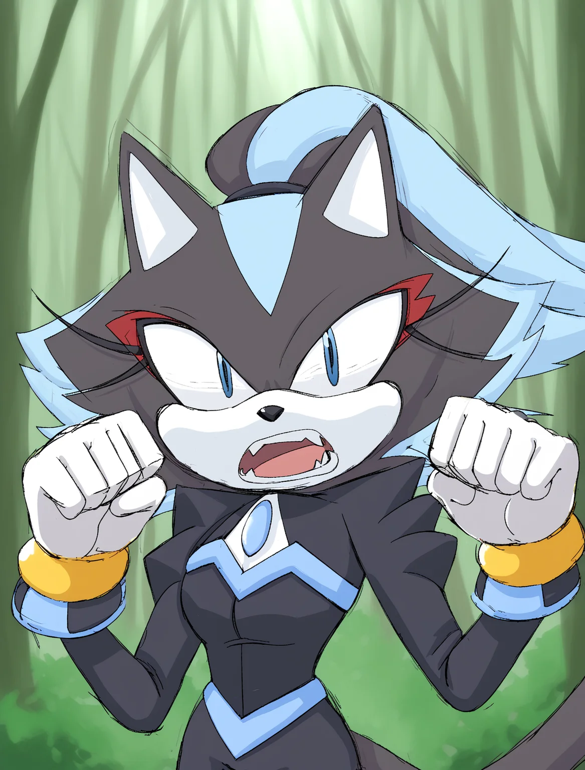 score_9, score_8_up, score_7_up, solo, BREAK, 1girl, upper body,
<lora:Blizzardthecat:1> blaze, blizzard, cat, eyelashes, makeup, tail, blue eyes, black pupils, black fur, light blue fur, white gloves, black bodysuit, eyeshadow, fighting pose, fists clenched, looking at viewer, forest, <lora:LumselStyle:1>, lumsel
