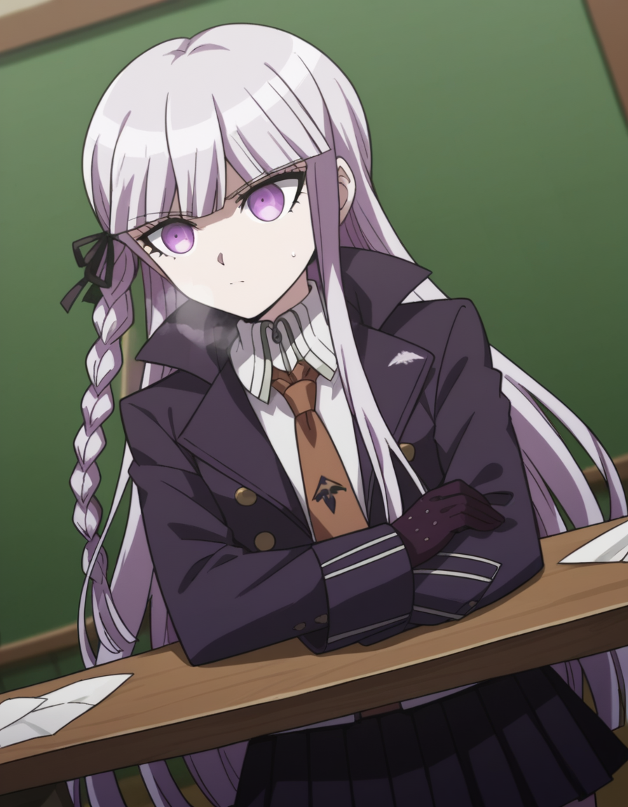 score_9, score_8_up, score_7_up, source_anime, <lora:kyouko-kirigiri-s1-ponyxl-lora-nochekaiser:1>, kyouko kirigiri, long hair, bangs, ribbon, purple eyes, hair ribbon, purple hair, braid, single braid, side braid,, skirt, shirt, gloves, long sleeves, jacket, white shirt, pleated skirt, open clothes, necktie, collared shirt, black skirt, open jacket, black jacket, black ribbon, brown necktie,, snow day, winter clothes, snowball fight, laughter, cold breath, white landscape, , , arm resting on table, solo,, cowboy shot, dutch angle