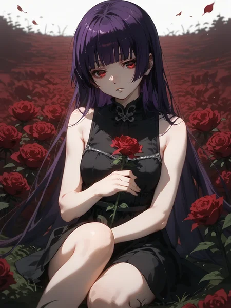 (score_9, score_8_up, score_7), 1girl,yuuko,purple hair, long hair, red eyes, blunt bangs, hime cut, black dress, sleeveless, bare shoulders, wariza sitting, flowers, dark, atmospheric,