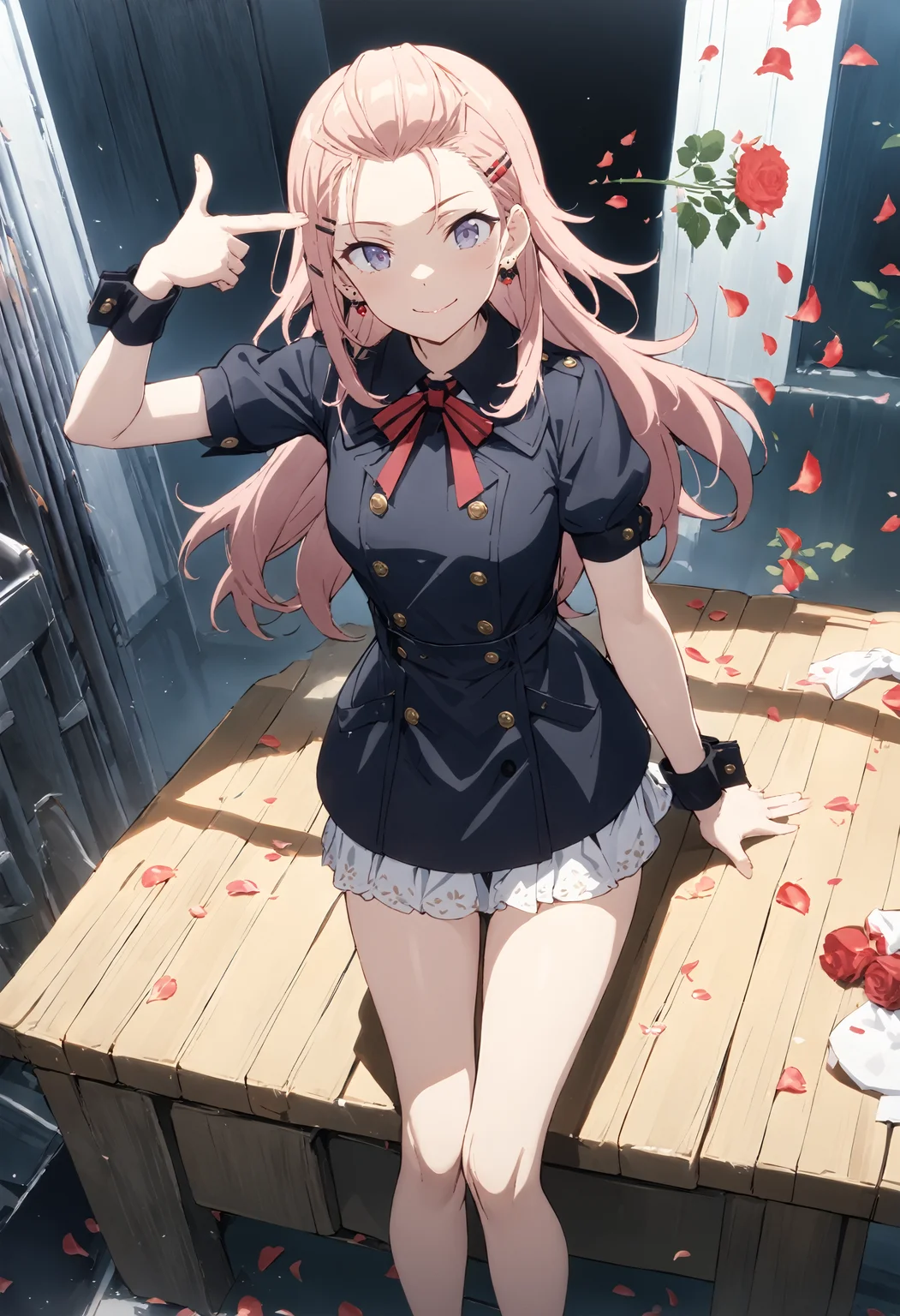 1girl,solo,smile,long hair,hair slicked back,earrings,hairclip,ribbon,short sleeves,pea coat,wrist_cuffs,anime,
<lora:boom finger gun_XL_bx-v1.03:1>,finger gun,rose,petals,
(masterpiece,best quality,absurdres),