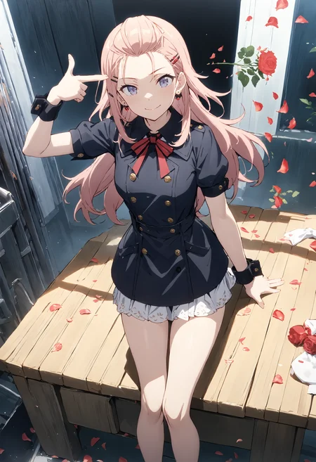 1girl,solo,smile,long hair,hair slicked back,earrings,hairclip,ribbon,short sleeves,pea coat,wrist_cuffs,anime,
<lora:boom finger gun_XL_bx-v1.03:1>,finger gun,rose,petals,
(masterpiece,best quality,absurdres),